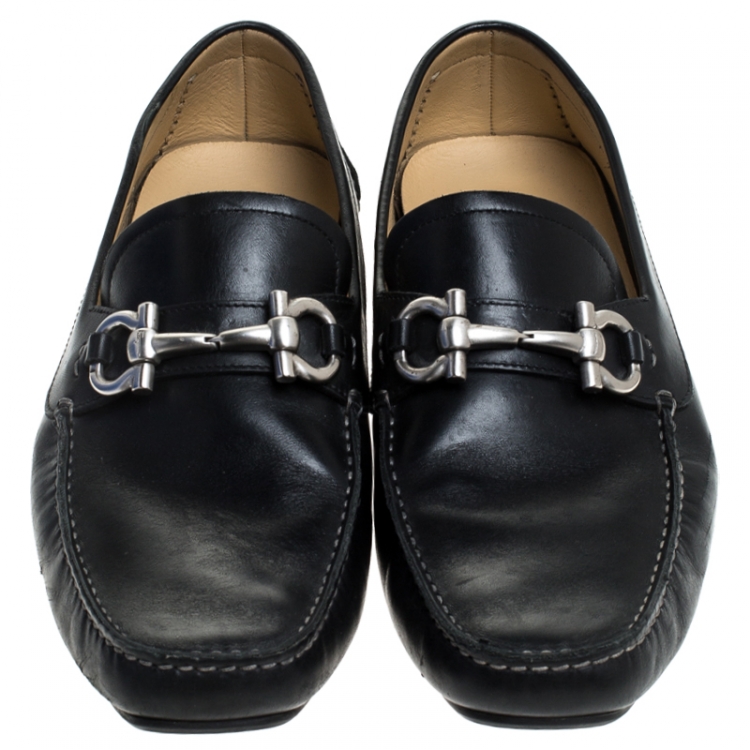 Pre Owned Salvatore Ferragamo Black Leather Parigi Gancini Driver Loafers Size 44