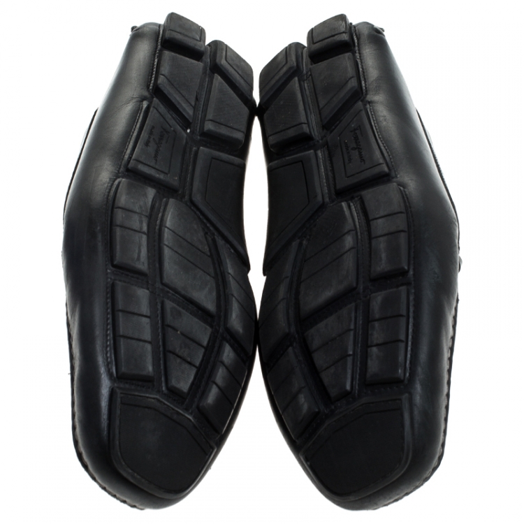 Pre Owned Salvatore Ferragamo Black Leather Parigi Gancini Driver Loafers Size 44