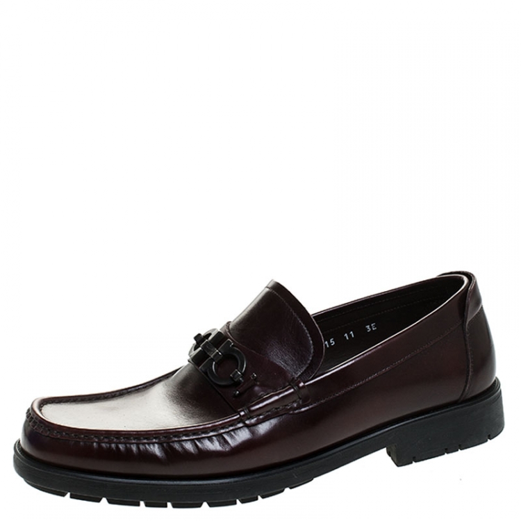 Pre Owned Salvatore Ferragamo Burgundy Leather Gancini Loafers Size 45