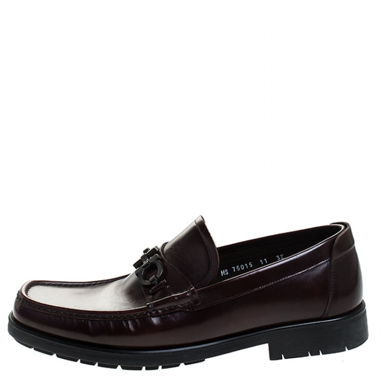 Pre Owned Salvatore Ferragamo Burgundy Leather Gancini Loafers Size 45