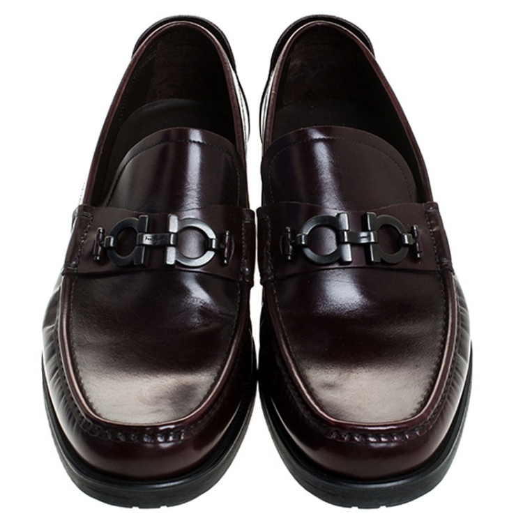 Pre Owned Salvatore Ferragamo Burgundy Leather Gancini Loafers Size 45
