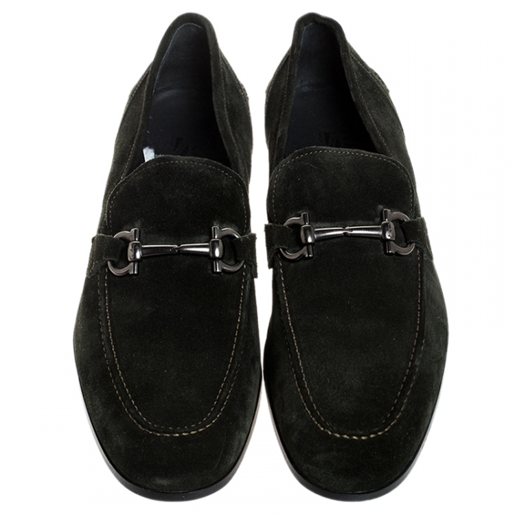 Pre Owned Salvatore Ferragamo Green Suede Gancio Bit Loafers Size 44.5