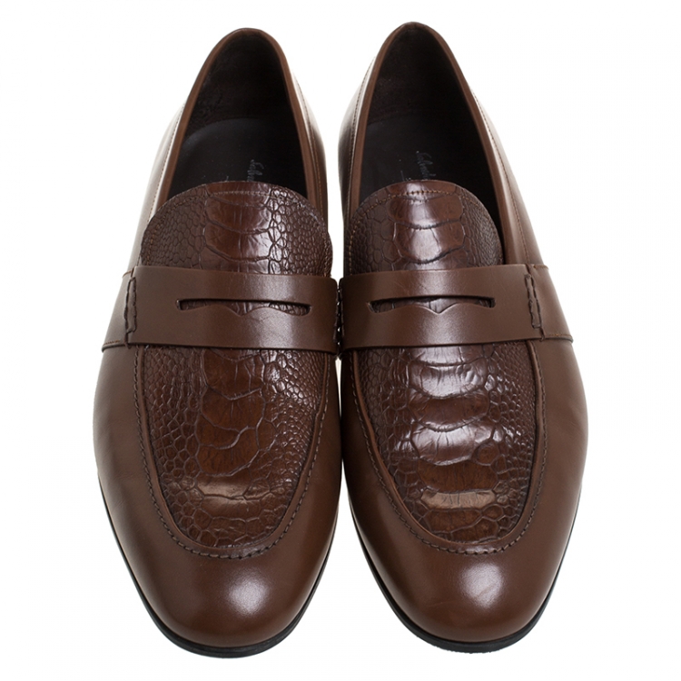 Pre Owned Salvatore Ferragamo Brown Croc Embossed Leather Penny Loafer Size 44.5