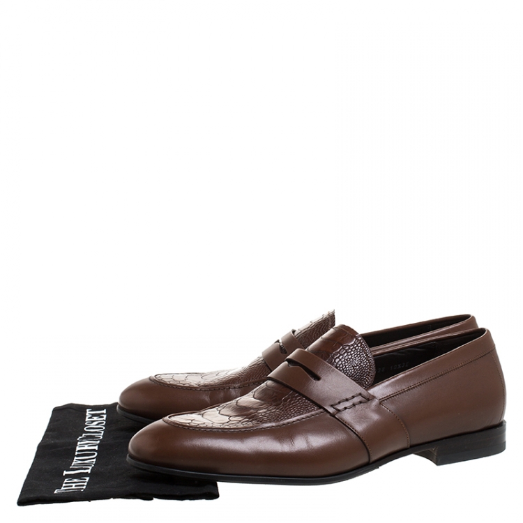Pre Owned Salvatore Ferragamo Brown Croc Embossed Leather Penny Loafer Size 44.5