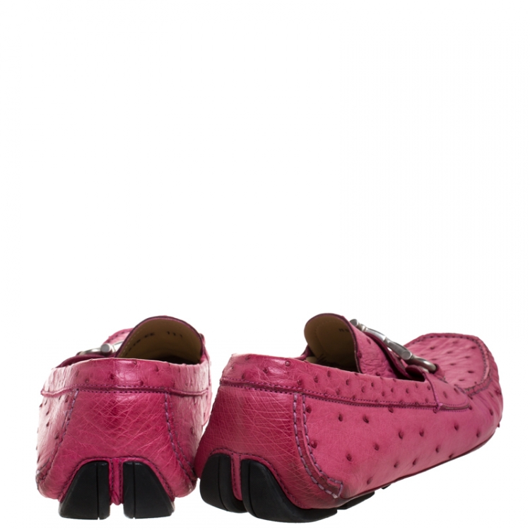 Pre Owned Salvatore Ferragamo Pink Ostrich Leather Horsebit Slip On Loafers Size 45
