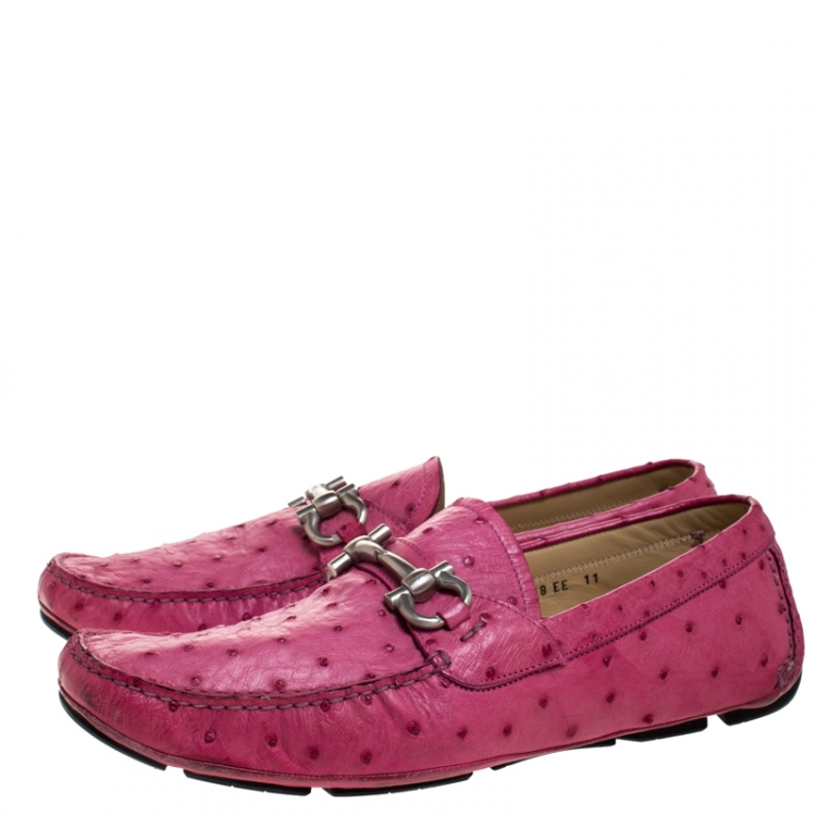 Pre Owned Salvatore Ferragamo Pink Ostrich Leather Horsebit Slip On Loafers Size 45