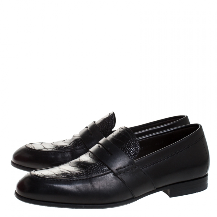 Pre Owned Salvatore Ferragamo Black Croc Embossed Leather Penny Loafers Size 39.5