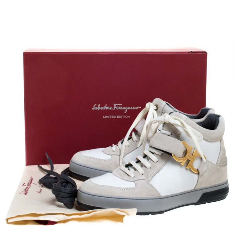 مملوكة مسبقًا Salvatore Ferragamo White/Light Grey Leather Nayon High Top Sneakers Size 40