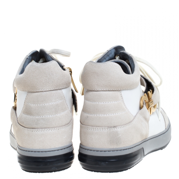 مملوكة مسبقًا Salvatore Ferragamo White/Light Grey Leather Nayon High Top Sneakers Size 40