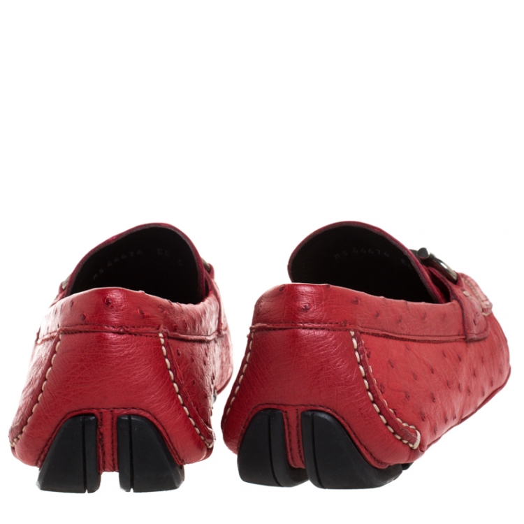 Pre Owned Salvatore Ferragamo Red Ostrich Effect Leather Parigi Driving Loafers Size 40