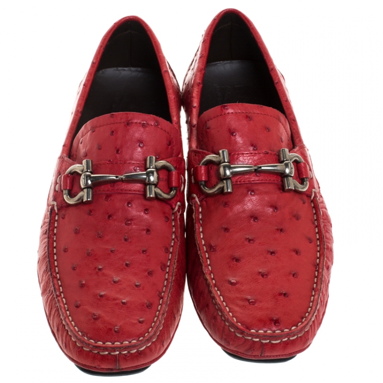Pre Owned Salvatore Ferragamo Red Ostrich Effect Leather Parigi Driving Loafers Size 40