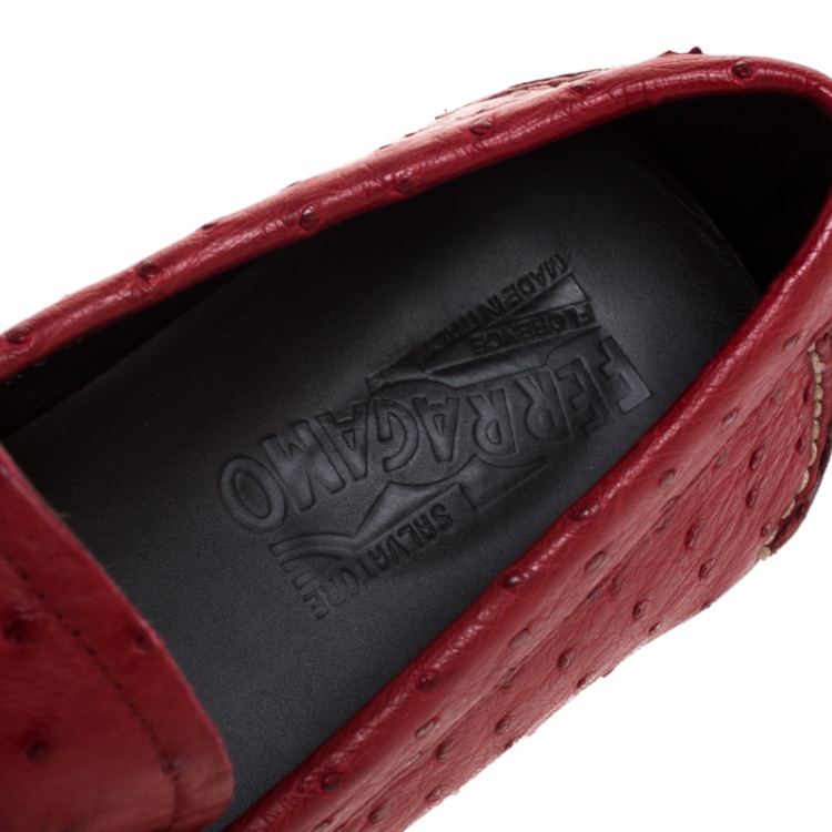 Pre Owned Salvatore Ferragamo Red Ostrich Effect Leather Parigi Driving Loafers Size 40