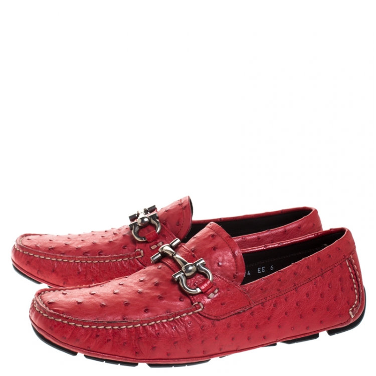Pre Owned Salvatore Ferragamo Red Ostrich Effect Leather Parigi Driving Loafers Size 40