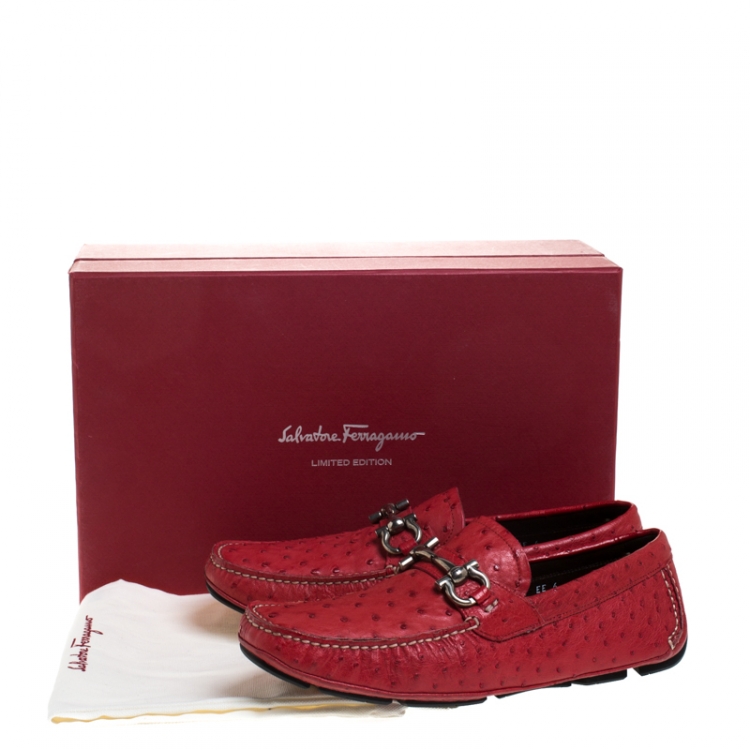 Pre Owned Salvatore Ferragamo Red Ostrich Effect Leather Parigi Driving Loafers Size 40
