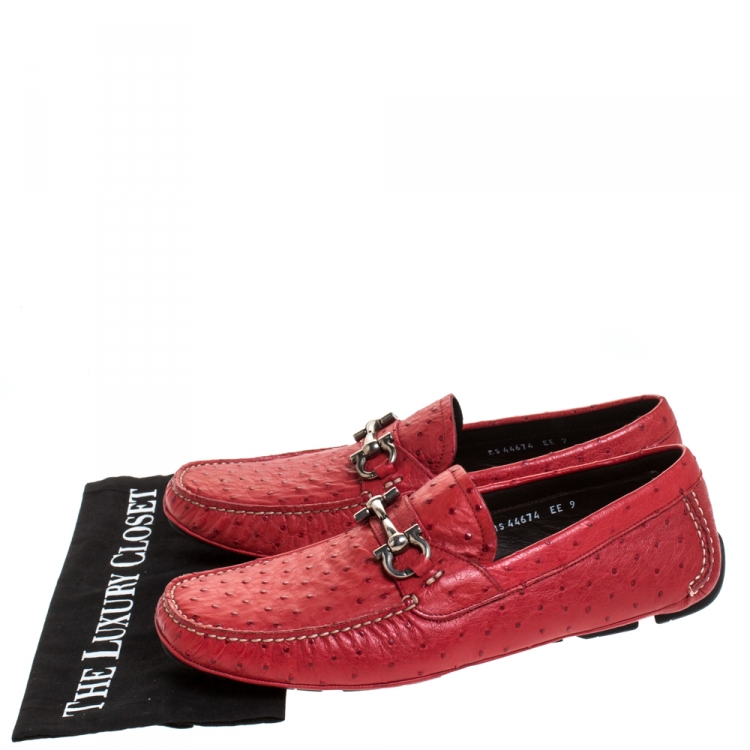 Pre Owned Salvatore Ferragamo Red Ostrich Leather Parigi Driving Loafers Size 43