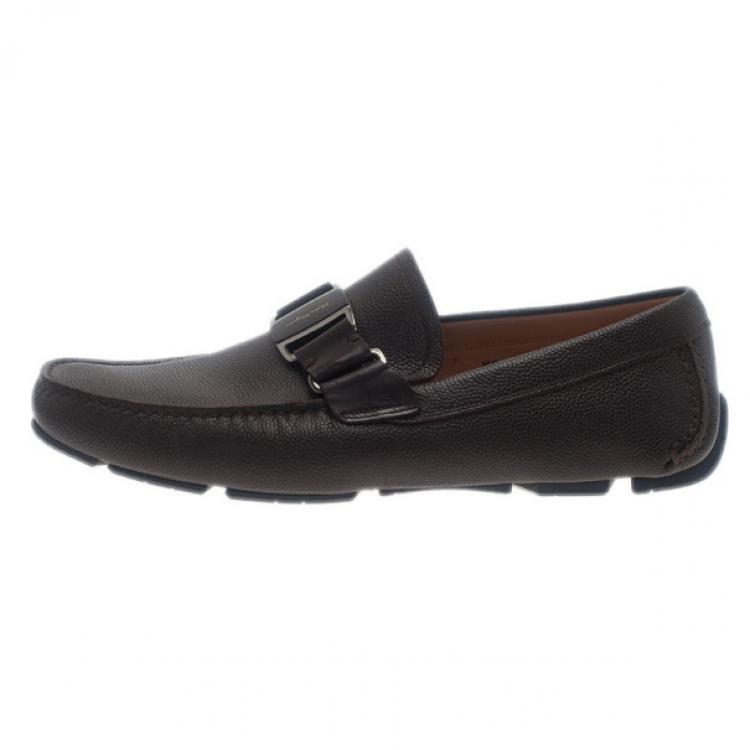 Pre Owned Salvatore Ferragamo Brown Textured Leather Ornamented Drivers Size 42