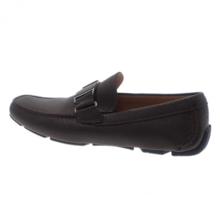 Pre Owned Salvatore Ferragamo Brown Textured Leather Ornamented Drivers Size 42