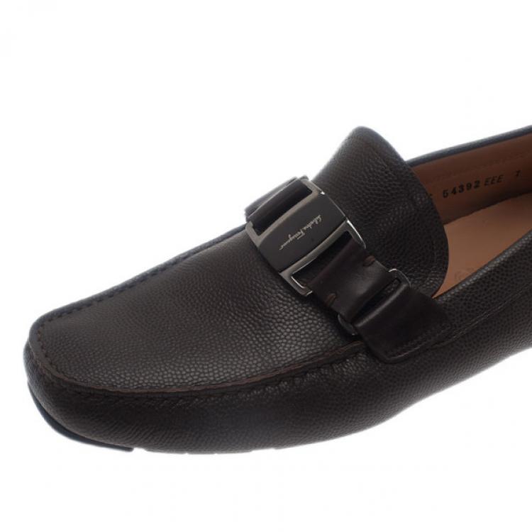 Pre Owned Salvatore Ferragamo Brown Textured Leather Ornamented Drivers Size 42