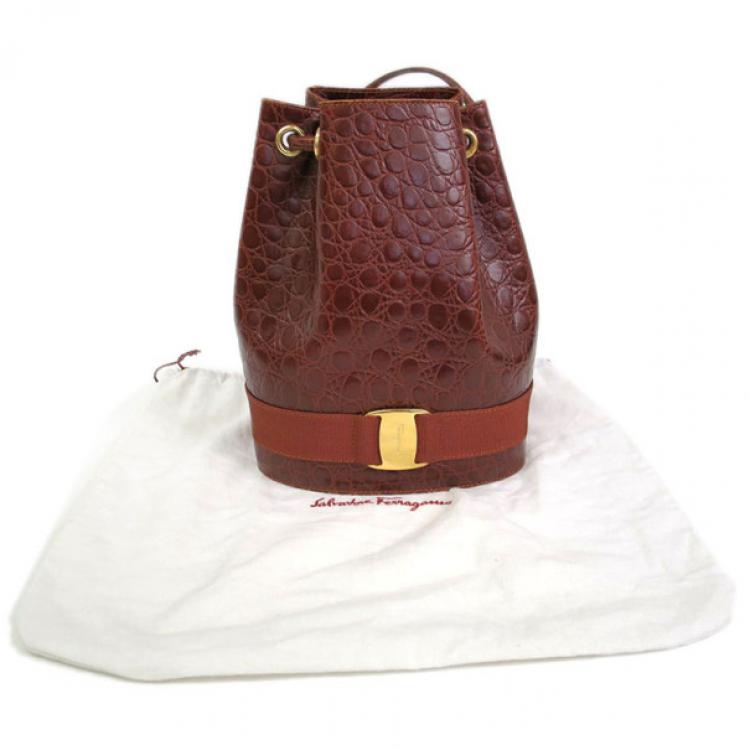 Pre Owned Salvatore Ferragamo Brown Embossed Leather Vara Backpack