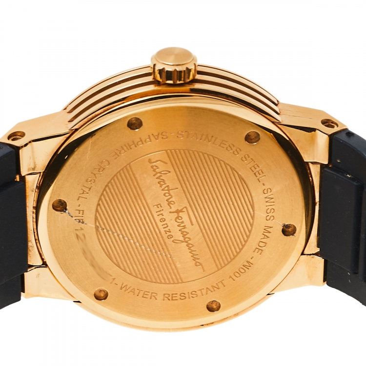 Pre Owned Salvatore Ferragamo Blue Rose Gold Tone Stainless Steel F-80 FIF050015 Men's Wristwatch 44 mm