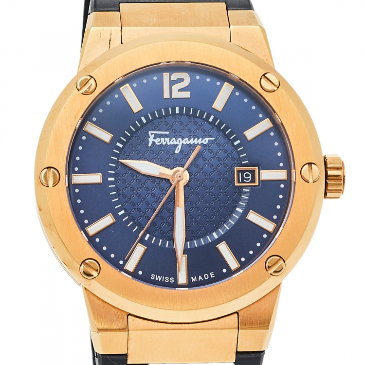 Pre Owned Salvatore Ferragamo Blue Rose Gold Tone Stainless Steel F-80 FIF050015 Men's Wristwatch 44 mm