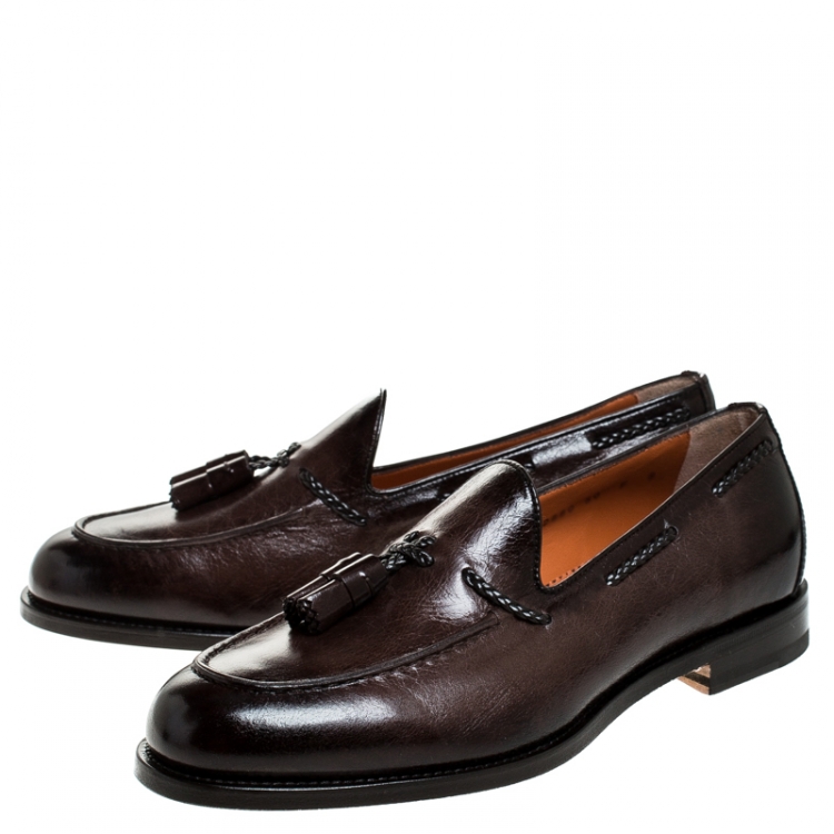 Pre Owned Santoni Brown Leather Tassel Detail Slip On Loafers Size 41