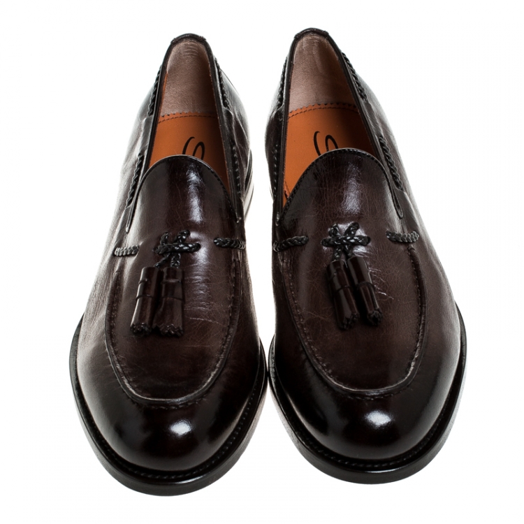Pre Owned Santoni Brown Leather Tassel Detail Slip On Loafers Size 41