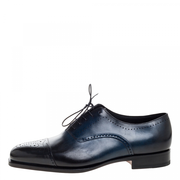 Pre Owned Santoni Blue Leather Wing Tip Oxford Size 44.5