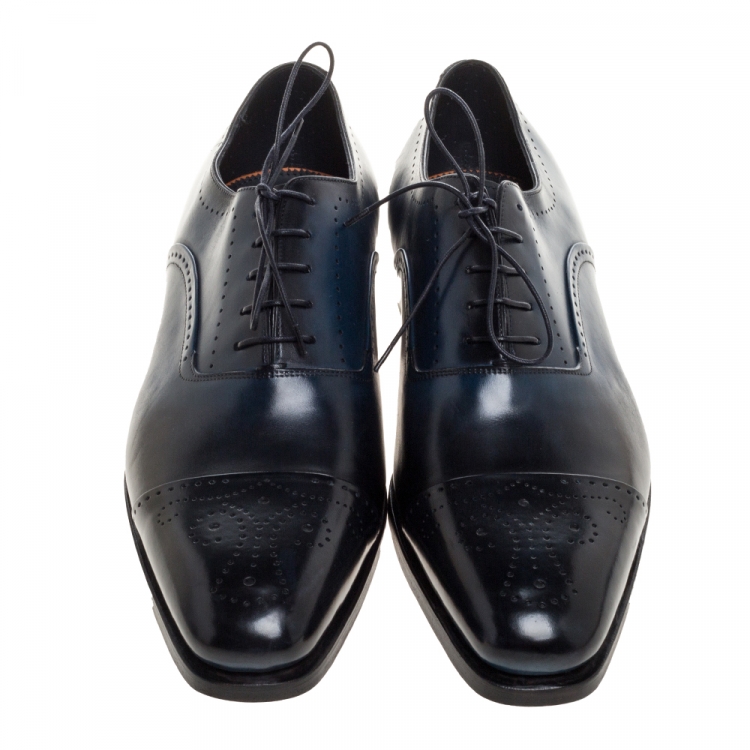 Pre Owned Santoni Blue Leather Wing Tip Oxford Size 44.5