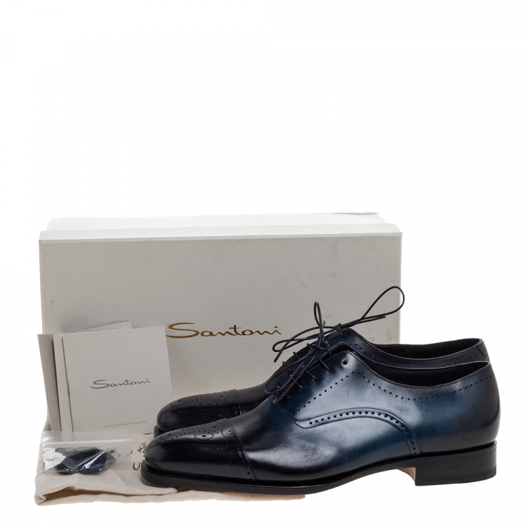 Pre Owned Santoni Blue Leather Wing Tip Oxford Size 44.5