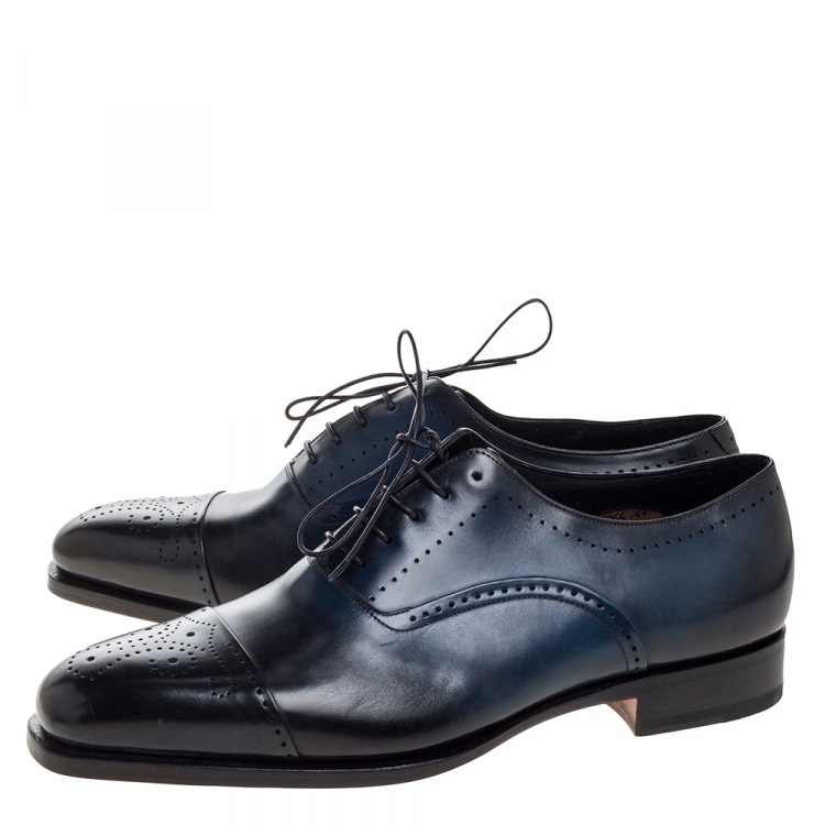 Pre Owned Santoni Blue Leather Wing Tip Oxford Size 44.5