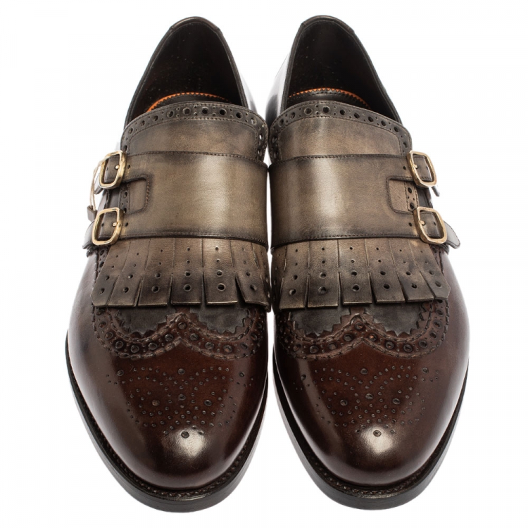 Pre Owned Santoni Brown/Grey Brogue Leather Fringe Monk Oxfords Size 44.5