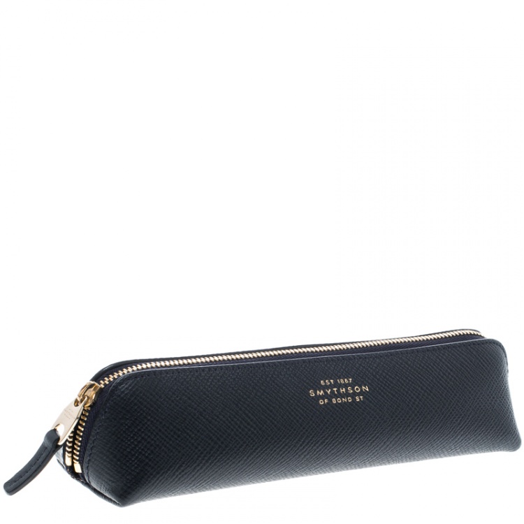 Pre Owned Smythson Dark Blue Leather Panama Pencil Case