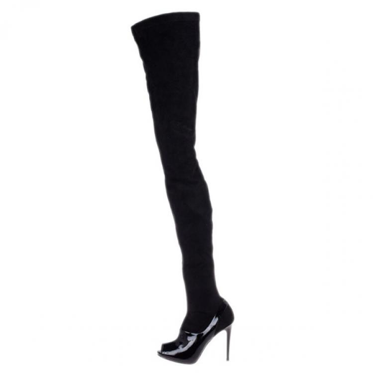 Pre Owned Stella McCartney Black Patent Leather and Suede Over The Knee Boots Size 37.5