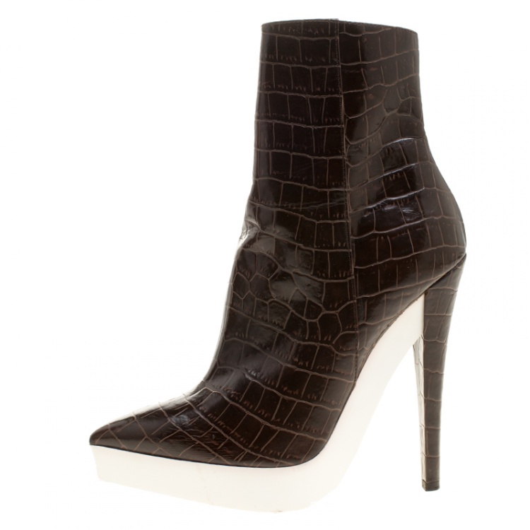 Pre Owned Stella McCartney Brown Croc Embossed Ankle Boots Size 39 