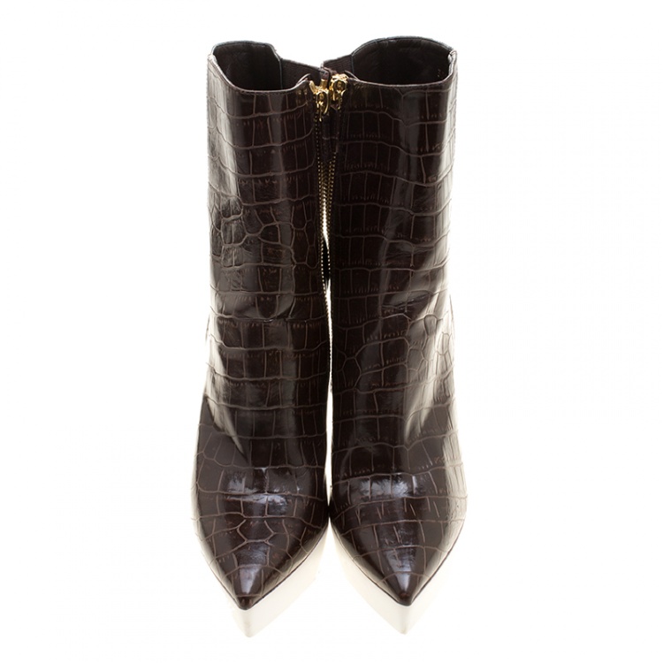 Pre Owned Stella McCartney Brown Croc Embossed Ankle Boots Size 39 