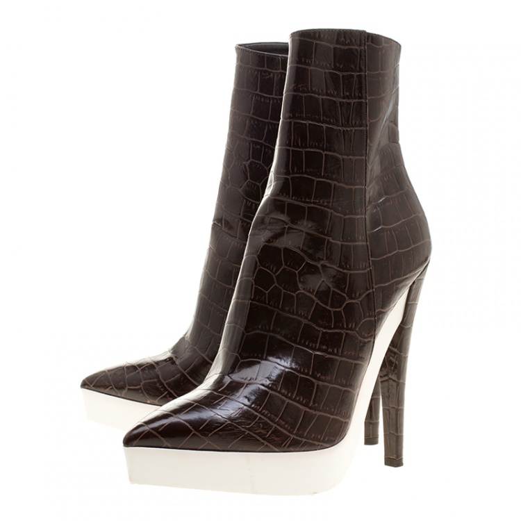 Pre Owned Stella McCartney Brown Croc Embossed Ankle Boots Size 39 