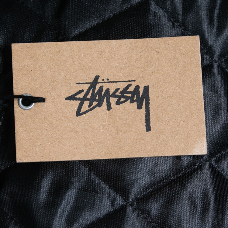 Pre Owned Stussy Black Wool & Leather Rib Knit Trimmed Varsity Jacket S