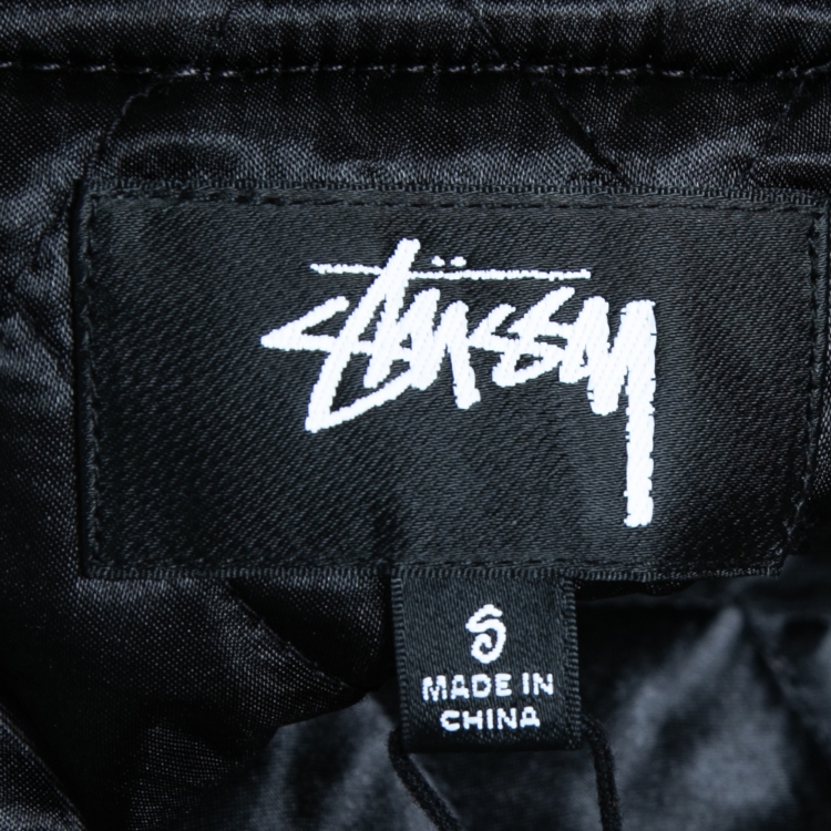 Pre Owned Stussy Black Wool & Leather Rib Knit Trimmed Varsity Jacket S