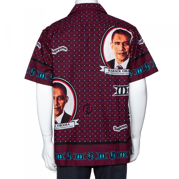 Pre Owned Supreme Brick Red Cotton Obama Print Bowling Shirt L 