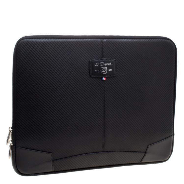 Pre Owned S.T. Dupont Black Leather Carbone Laptop Case Bag