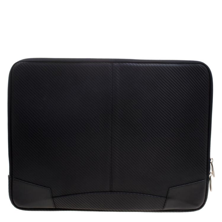 Pre Owned S.T. Dupont Black Leather Carbone Laptop Case Bag