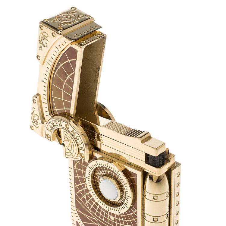 Pre Owned S.T. Dupont Brown Lacquer and Gold Finish Shoot The Moon Limited Edition Lighter 