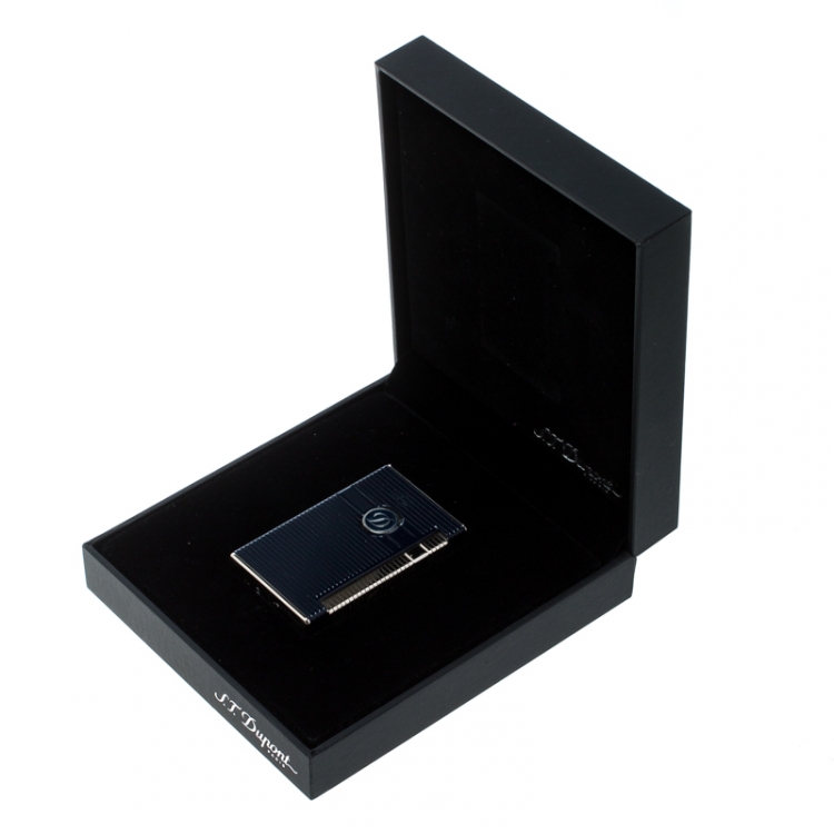 Pre Owned S.T Dupont Ligne 2 Navy Blue Lacquer Palladium Finish Torch Lighter