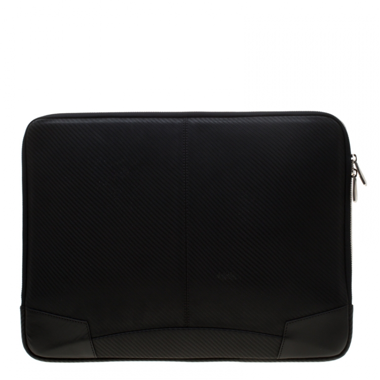 Pre Owned S.T. Dupont Black Leather Carbone Laptop Case Bag