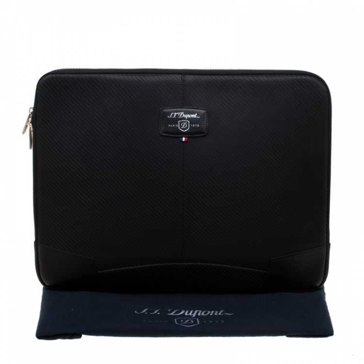 Pre Owned S.T. Dupont Black Leather Carbone Laptop Case Bag