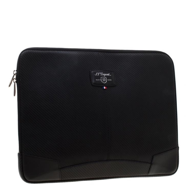 Pre Owned S.T. Dupont Black Leather Carbone Laptop Case Bag