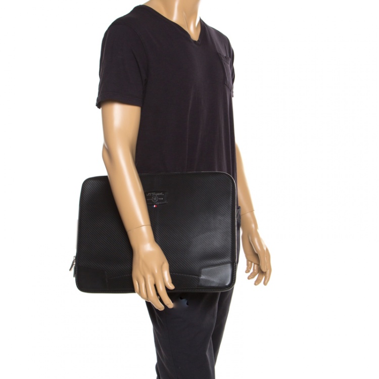 Pre Owned S.T. Dupont Black Leather Carbone Laptop Case Bag