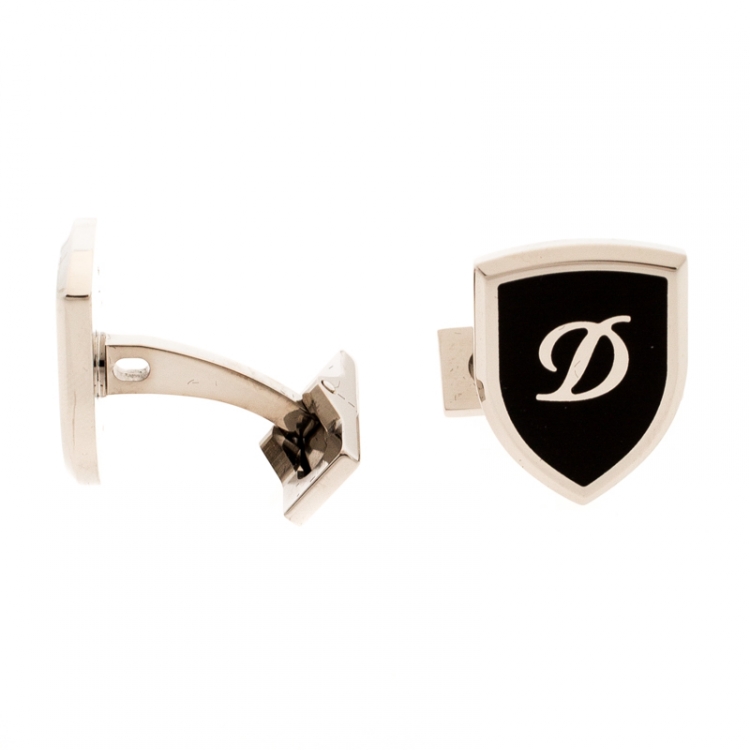 Pre Owned S.T. Dupont Blazon Black Lacquer Silver Tone Cufflinks 