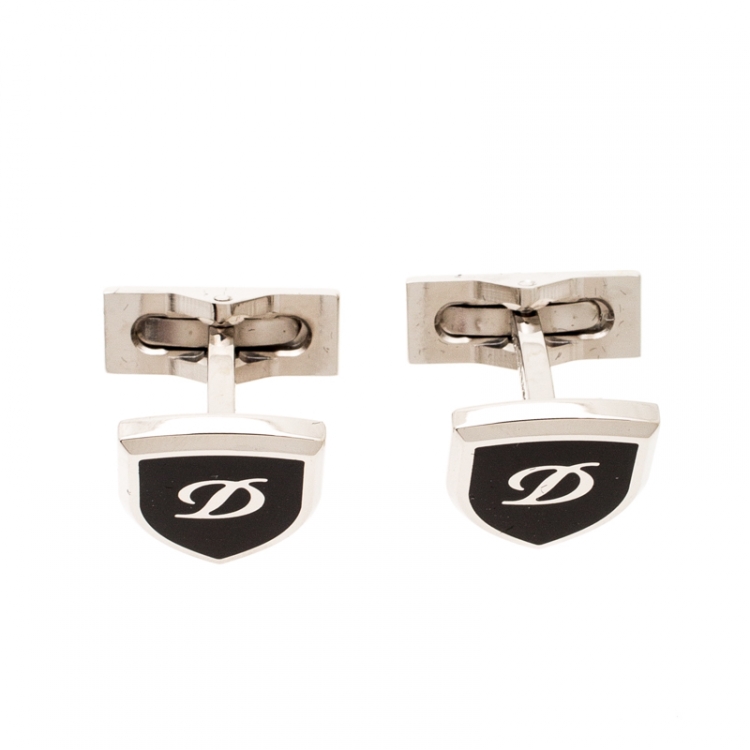 Pre Owned S.T. Dupont Blazon Black Lacquer Silver Tone Cufflinks 